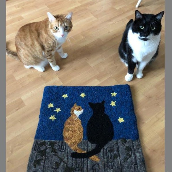 Hoooked prug showing two cats on a fence at night.  Pet cats sitting by the rug.